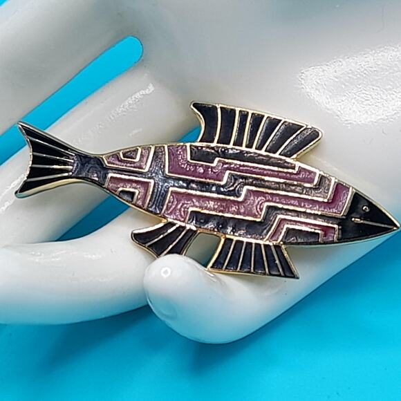 Vintage Laurel Burch Fish Brooch, Cloisonné Enamel Black Brown, Gold Plated 1980 - Picture 2 of 10